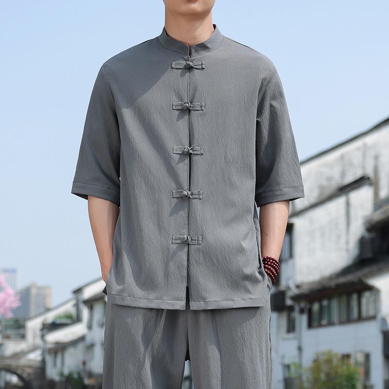 Koszula męska w stylu chińskim, letnia, z guzikami w kształcie dysku, z rękawami trzy czwarte, swobodna, ze stójką, w jednolitym kolorze, w dużych rozmiarach
