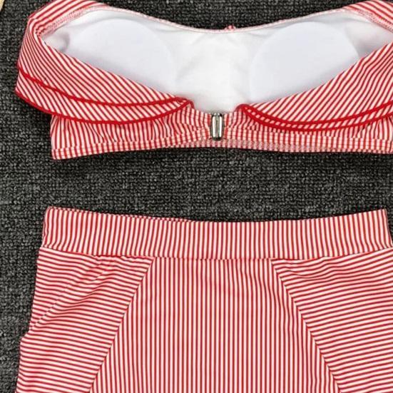 2Pcs/Set Women Bikini Set Ruffle Trim Bandeau Padded Push-Up Bra High Waisted Briefs Set Striped Print Beachwear