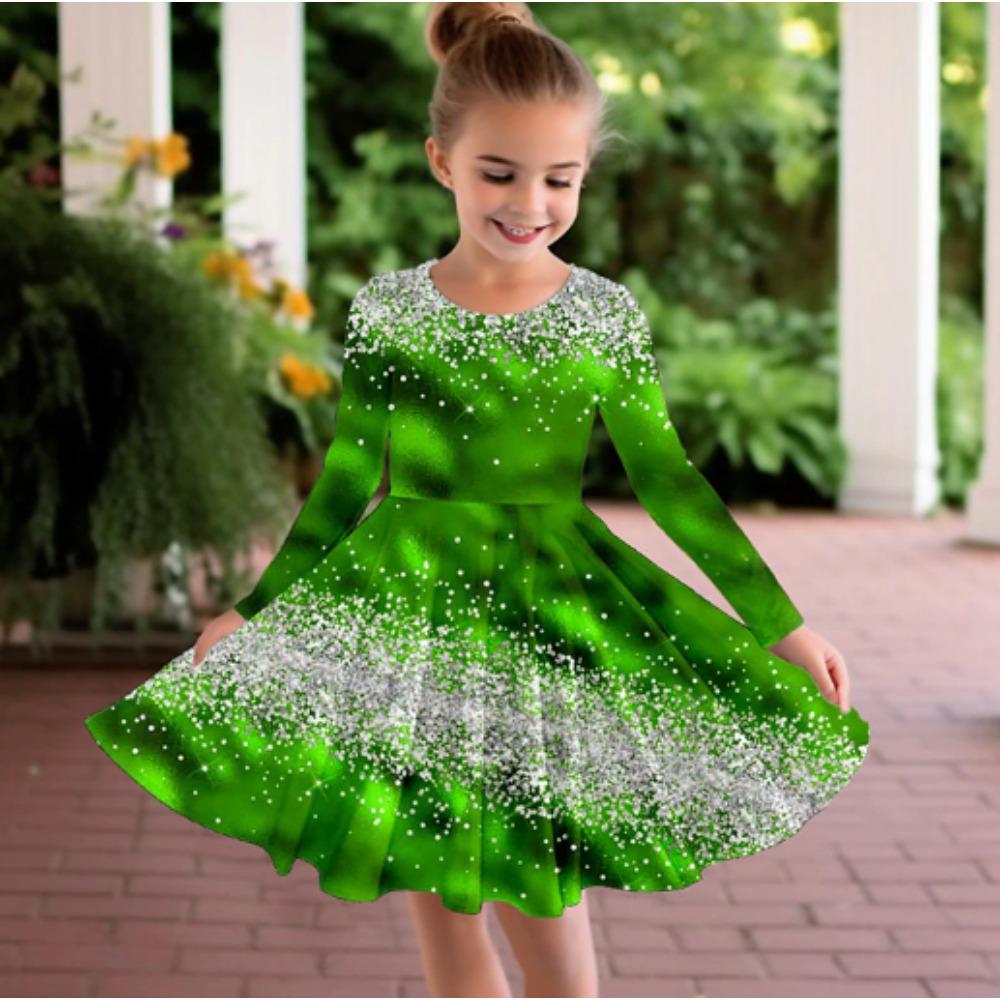 Girl Casual 3D Silver Wave Print Round Neck Long Sleeve Dress Kid Princess Dress