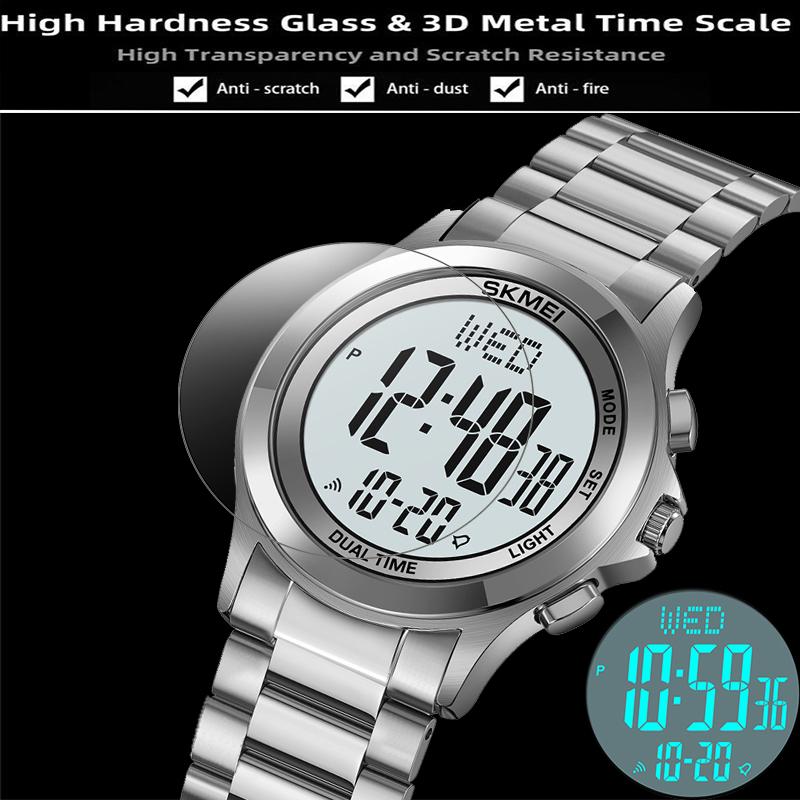 Skmei Mens Led Chronograph Bracelet Watches Luxury Stainless Steel Band 30M Waterproof Dual Time Zone Digital Sports Wristwatch