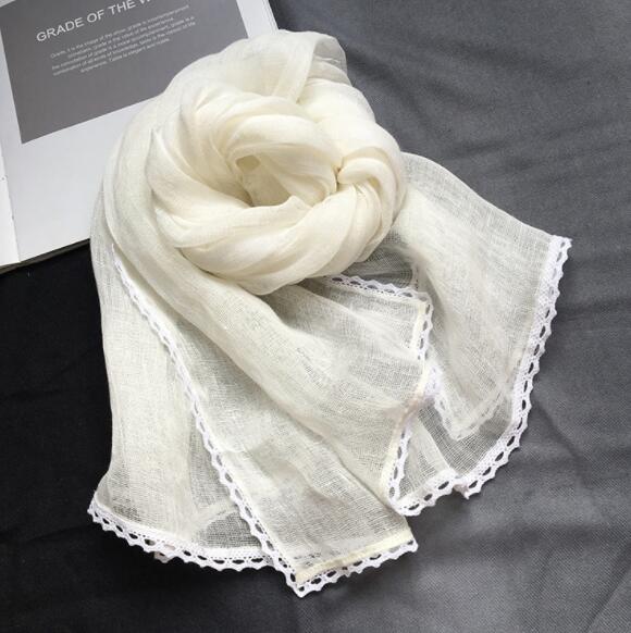 Spring And Autumn Thin Pure Linen Scarf Lace Design Pure White Scarf Ladies Summer Scarf Linen Outdoor Scarves