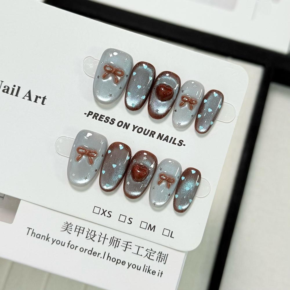 10Pcs Cute Cat Eye Short Press On Nails Christmas Snowman Bow Snowflake Cherry Apple Full Cover Fake Nails Gift