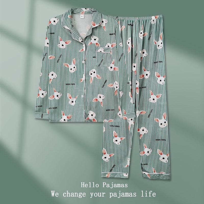 Women s Green Rabbit Pajama Set: Long Sleeve, Long Pants, Spring & Autumn Cardigan M