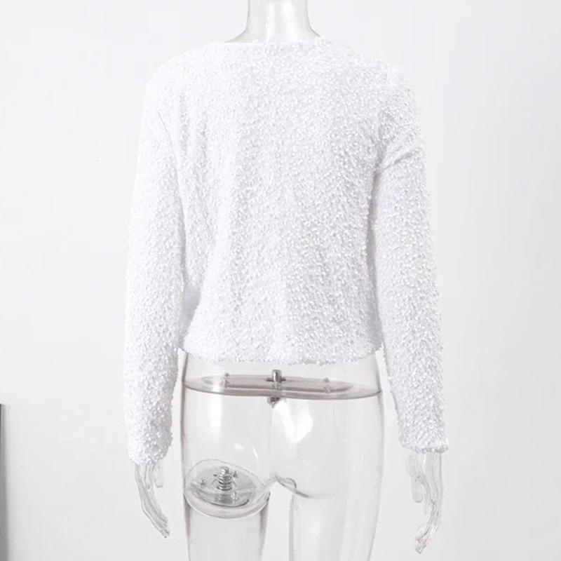 Elegant Bow Handmade Sequins Short Shirt Women Lace-Up Shinny Sweet Top New Fashion Long Sleeve O-neck Blouses Beautiful Thin Coat Casual Outwear