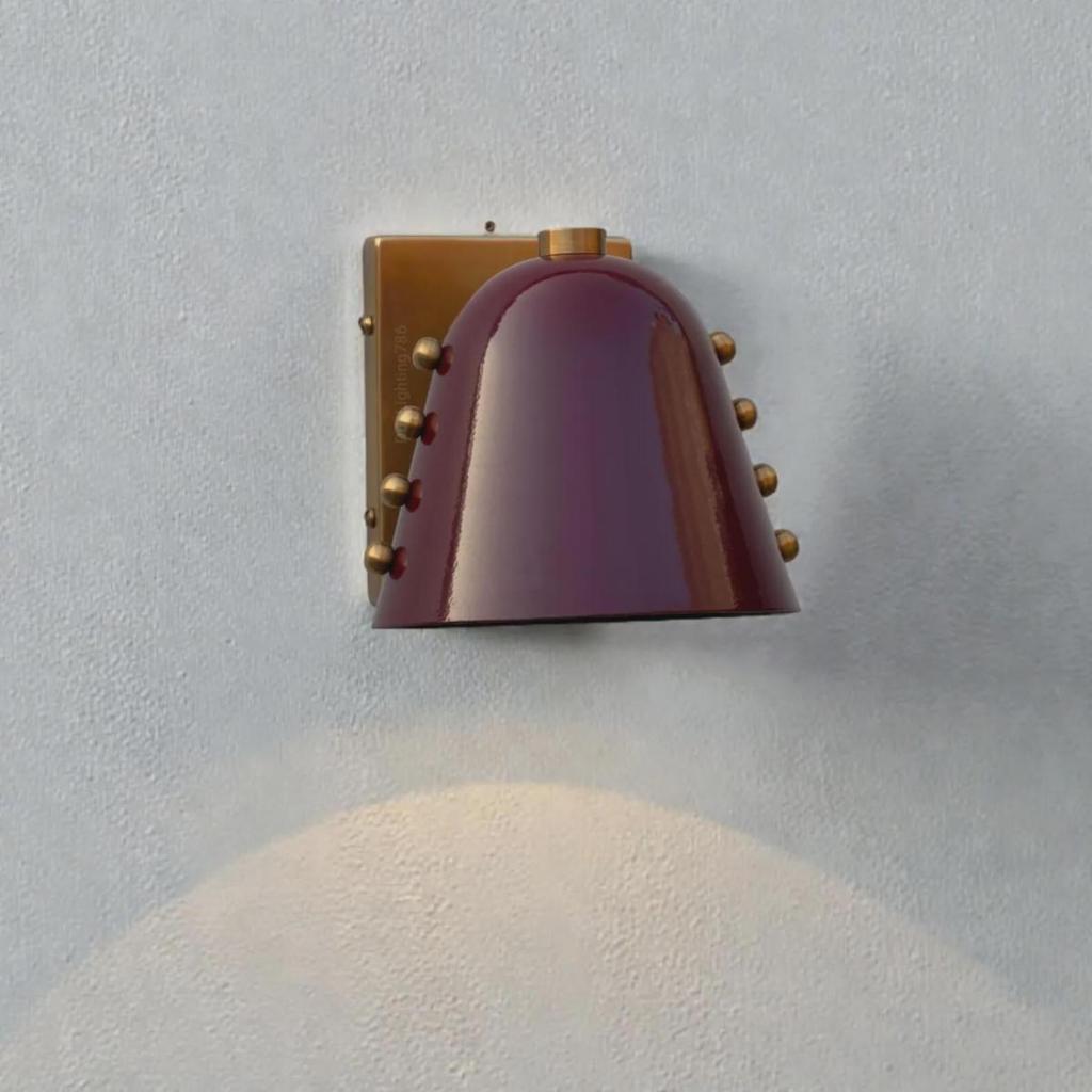 Mid-Century Modern Brass Wall Sconce Wine Red Cone Shade With Rivet Lighting