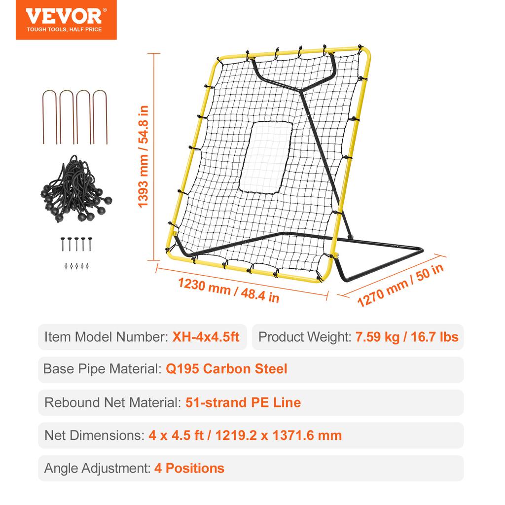 SucceBuy 4 X 4.5FT Baseball And Softball Rebounder Net PitchBack Baseball Nest for Pitching and Fielding Training 4Angles 7.59kg