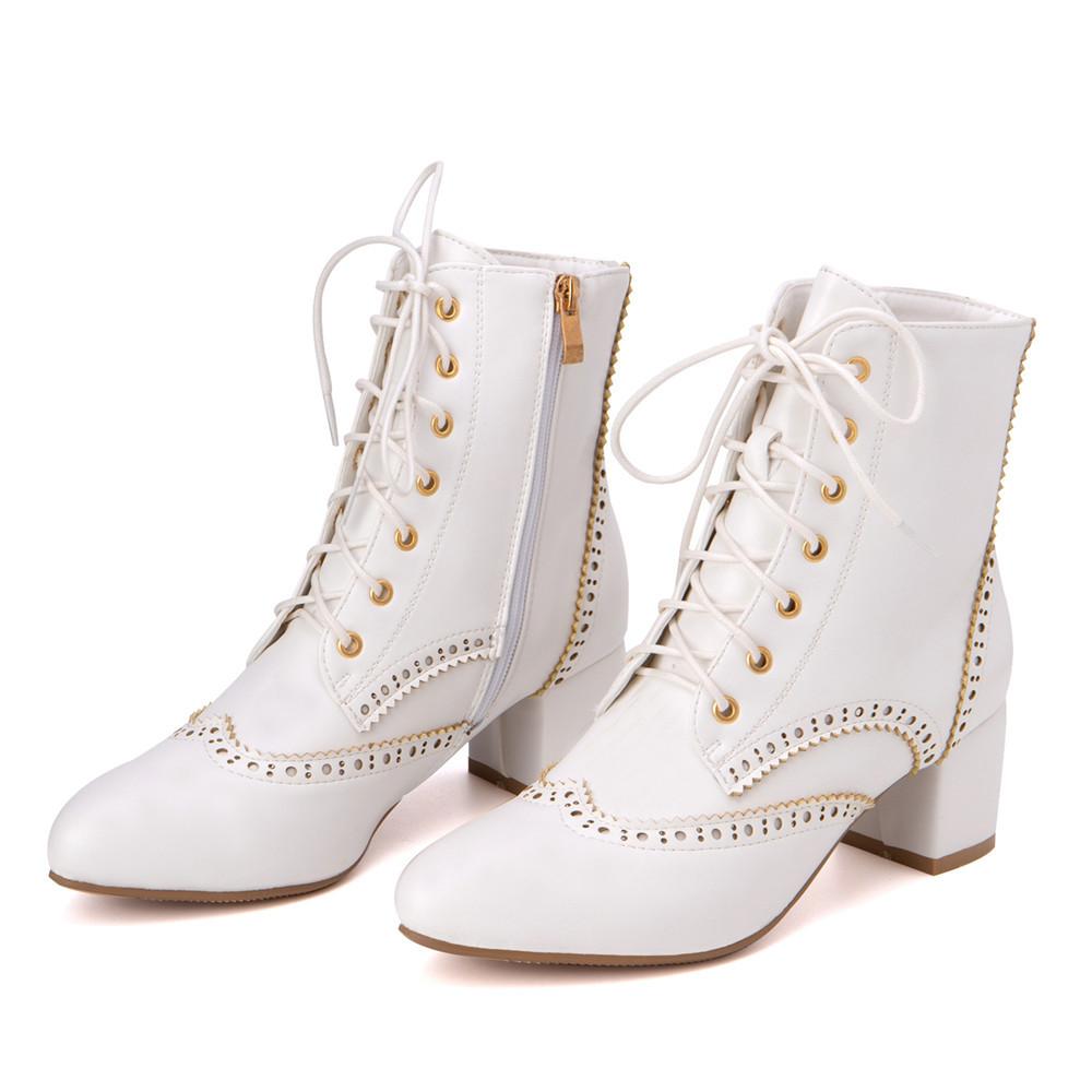 Fashion 2025New Lace Up Ladies Square High Heel Shoes Ankle Boots Side Zip Retro Women Pointed Toe Thick Soled Short Booties White Black