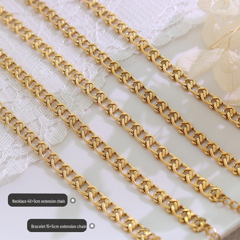 European & American Hip Hop Retro Bracelet & Necklace Set: 18K Gold Titanium Steel Chain, Stainless Steel, Personalized Design