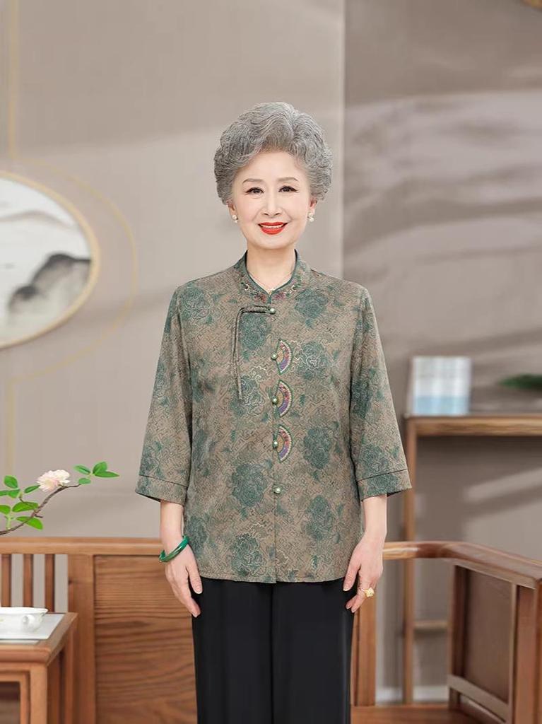 Women's Seven-Sleeve Spring-Autumn Shirt - Thin, Stylish Top for Middle-Aged & Elderly