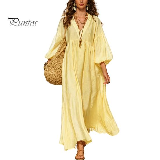 Mid-length Dress Women's Deep V Neck Maxi Dress, Puff 3/4 Sleeve Party Casual A-Line Flowy Loose Boho Beach Sundress Soft Fabric
