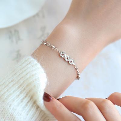 Náramek ze stříbra Sterling S925, stříbrný náramek v čínském stylu, náramek se šťastnou měděnou mincí, retro móda, dvouvrstvý náramek s kuličkami pro ženy