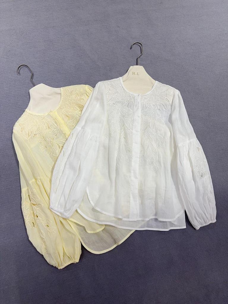 Spring 2026 French Embroidery Linen Shirt with Lantern Sleeves - Casual Vacation Style