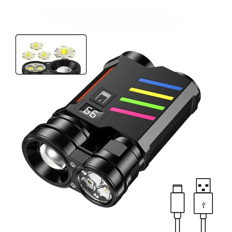 LED Dual Light Source Flashlight USB Rechargeable Bright Floodlight Camping Torch 5 Modes Emergency Work Lamp Built-in Battery
