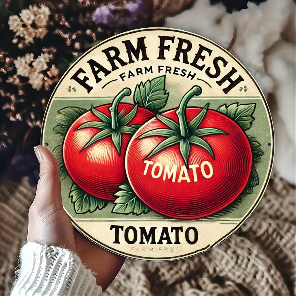 Farm Fresh Tomato X Round Metal Tin Sign Rustic Vintage Home Farm Decor Durable Iron Easy To Hang Perfect for Room Dec