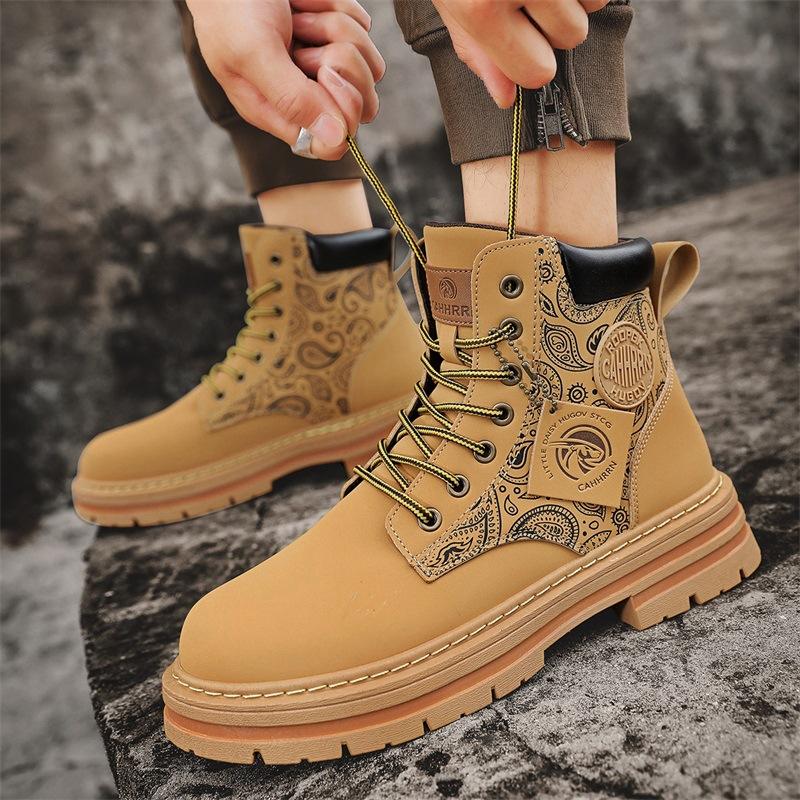 Martin Boots Men's Autumn Winter 2024 New High Top Men's Boots British Style Casual Cargo Shoes Men's Heightened Small Yellow Boots