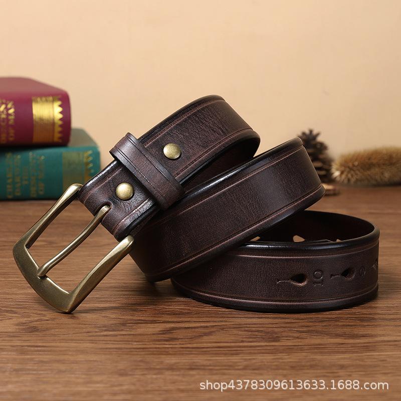Belt Men's Retro Hand-Rub Color Distressed Pure Cowhide Leather Pin Buckle Fashion Trendy Korean Style Brass Buckle Belt