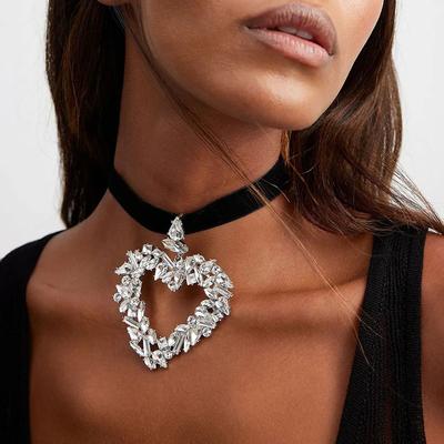 Fashion Rhinestone Big Heart Necklace Black Velvet Choker Collar Sexy Party Neck Jewelry Custom Y2K Clavicle Necklace
