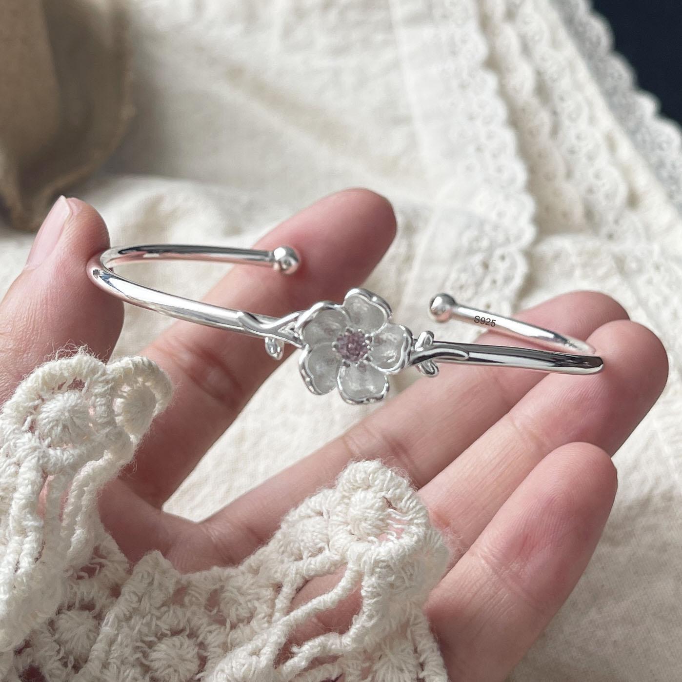 

100% Solid 925 Sterling Silver Retro Bracelet for Women Geometric Cute Flower Handmade Sparkling Simple Bracelet Birthday Gift