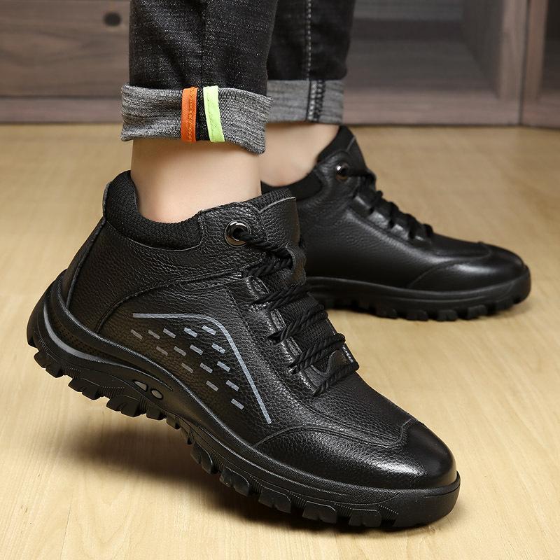 2025 new leather velvet thermal lace-up men's dad cotton shoes men's fur integrated men's shoes