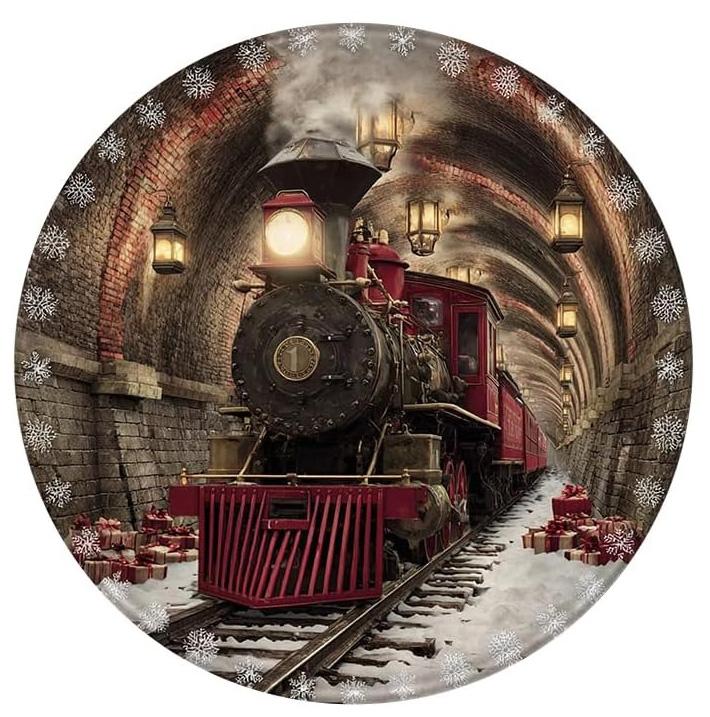 3D Vintage Steam Train Round Rug Rail Tracks Cliff Bridge Tunnel Firelight Forest Home Decor Carpet for Living Room Study