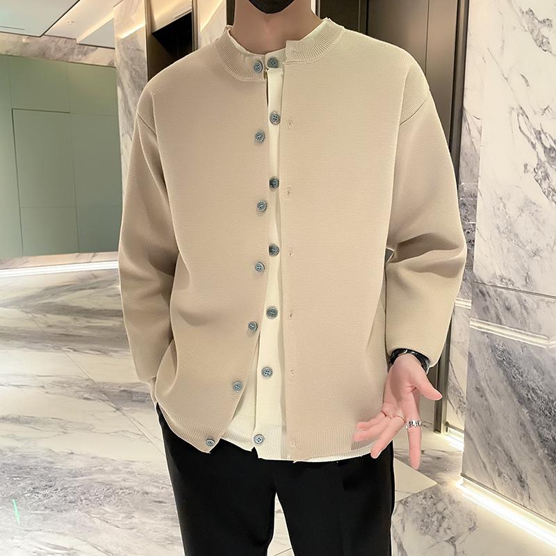 Pulover cardigan nou, retro american, ocazional, în stil relaxat, cu gât rotund, haină pentru bărbați de culoare uni