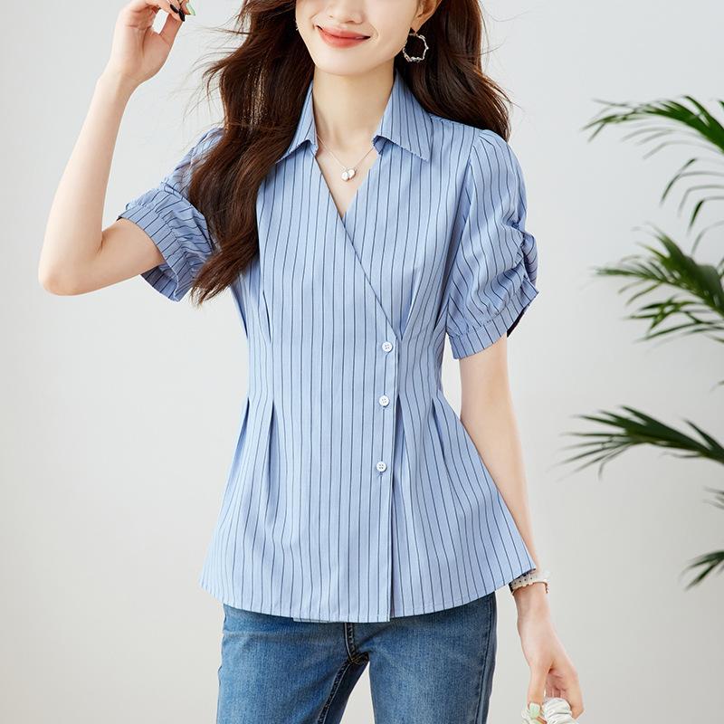 Striped Short-sleeved Top for Women In Summer French Niche V-neck Puff Sleeve Top Relaxed Fit and Slim Large Size Thin