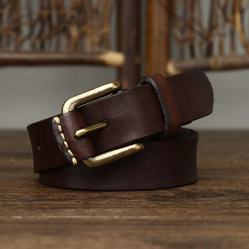 Dámský kožený opasek v korejském stylu, jednoduchý, moderní, retro, první vrstva, čistá hovězí kůže, mosazná přezka, dámský džínový opasek