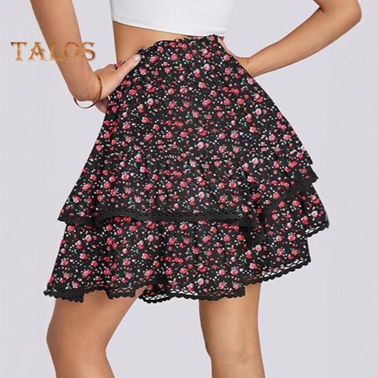 Women Cake Skirt High Waisted Double-Layered Ruffle Bohemian Mini Skirt with Elastic Waistband Lace Hem Skirt