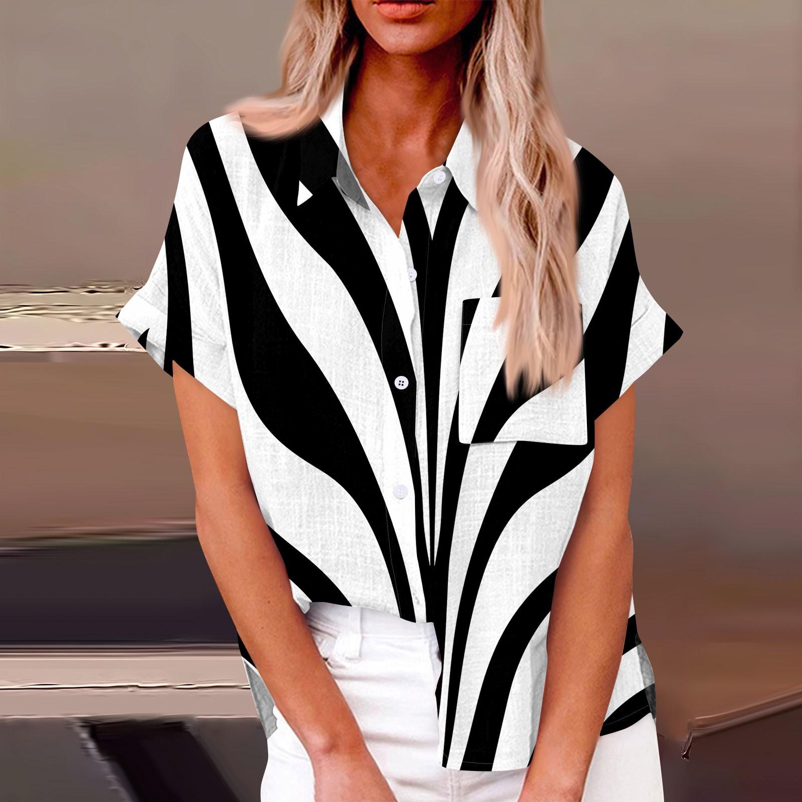 

Женская модная свободная повседневная рубашка с коротким рукавом и отворотом на пуговицах, футболка с принтом, топ L чёрный