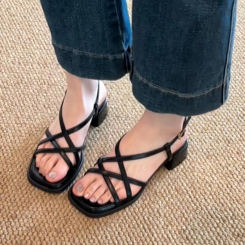 Sheepskin version~ Retro cross-strap, thin strap, soft sole, thick heel, Roman shoes, women's open toes, stepping on shit sandals