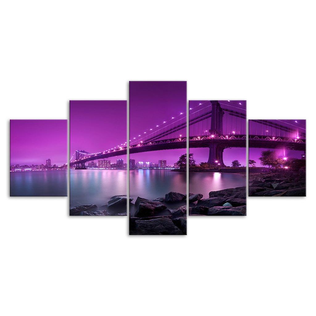 Purple Dawn Modern City Bridge Landscape 5 Piece Five Panel Wall Canvas Print Modern Art Poster Picture Home Decor Gift For Him For Her