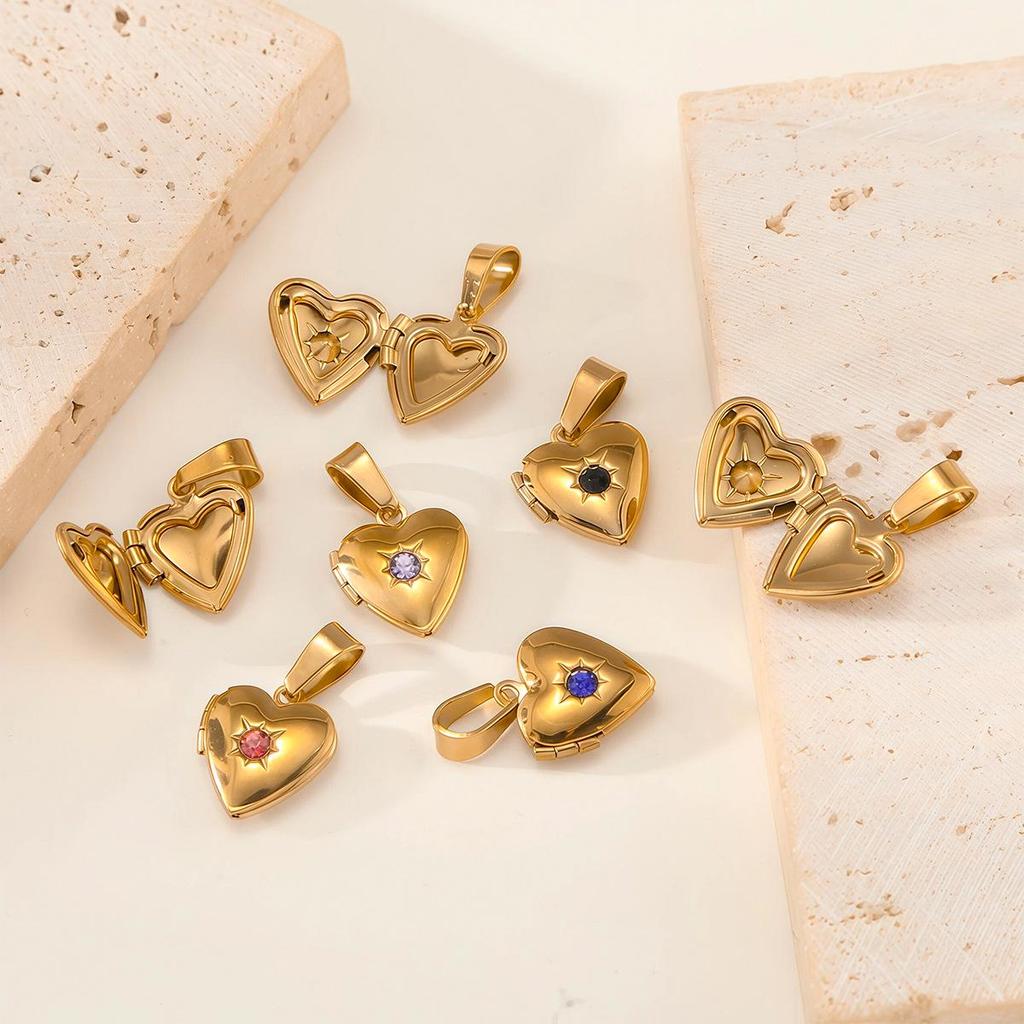 18K Gold-Plated Zirconia Heart Necklace Pendant with Birthstone, Stainless Steel, European & American Simple Design.