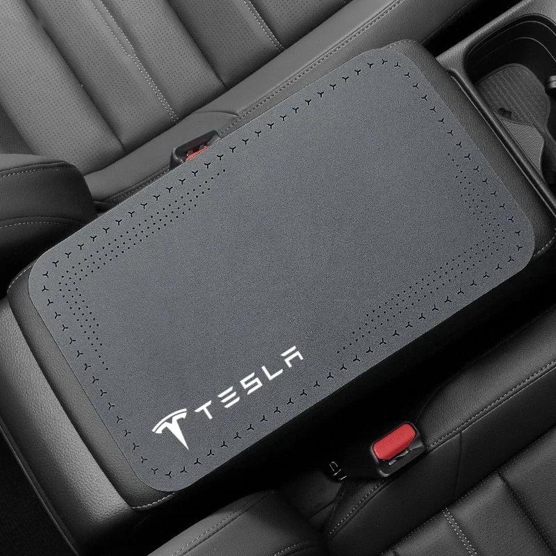 Car Sticker 2025 New Tesla 1Pcs Car Armrest Pad Auto Storage Box Cover Protective Mat For Tesla Model 3 S X Y Roadster SpaceX In
