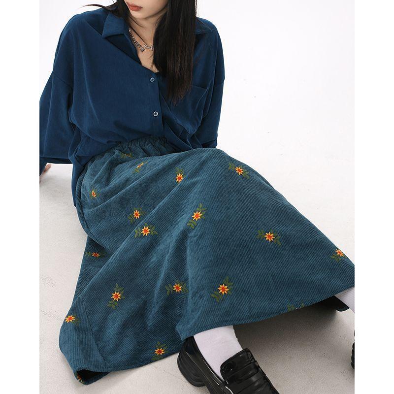 Floral Embroidery Corduroy Skirt Women Elastic Waist A Line Loose Casual Mid Calf Skirt Female Classy Mujer Solid Color Skirt