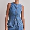 Sleeveless Denim Two-Piece Set for Women: Button Design High-Waisted Shorts, Trendy & Casual European-American Style 2026.