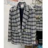 Winter Fashion Double Breasted Women Tweed Blazers And Jackets Blue Formal Plaid Clothes