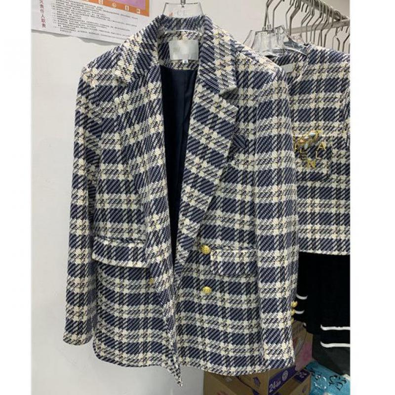 Winter Fashion Double Breasted Women Tweed Blazers And Jackets Blue Formal Plaid Clothes
