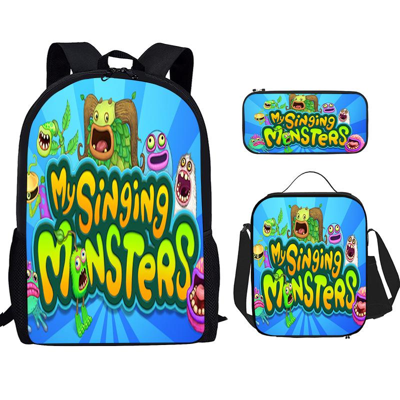 Monster Singer Elementary School Bag Three-Piece Nylon Printed Backpack Breathable Backpack Lightweight