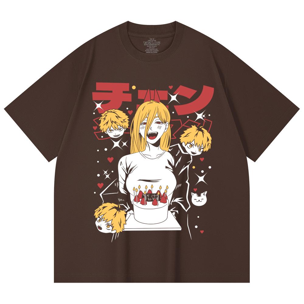 230 Gsm 100% Cotton Chainsaw Man V48 Power Cake Print Unisex Heavy Cotton T Shirt