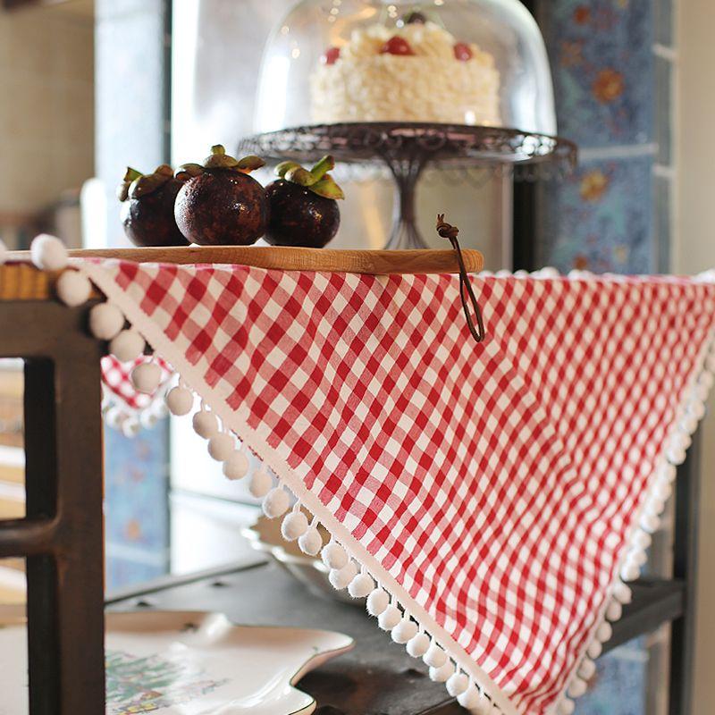 

Scandinavian Ins Style Washed Cotton Kitchen Cloth Hand Towel Fur Ball Gingham Multi-Use Towel Refrigerator Cover Towel Cover Cloth Little Red Lattice 65cm square [small cover]]