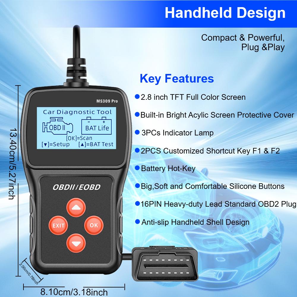 Live Data Code Reader MS309PRO Battery Tester Car Diagnostic Tool Read Vehicle Information Check Engine System Multi-language OBD2 Scanner
