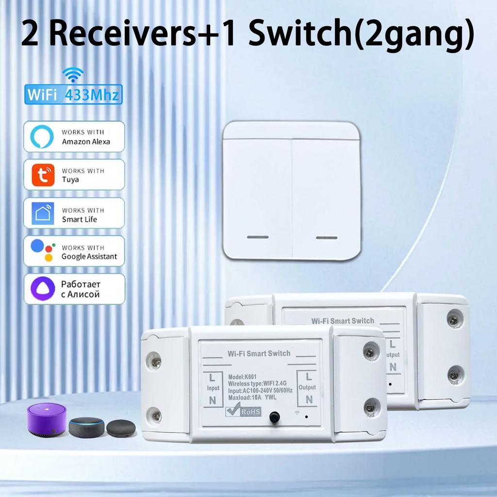Tuya Smart WiFi Wall Switch RF433 Wireless Remote Control 1/2/3Gang Panel/Round Button Panel Switch Works with Alexa Google Home