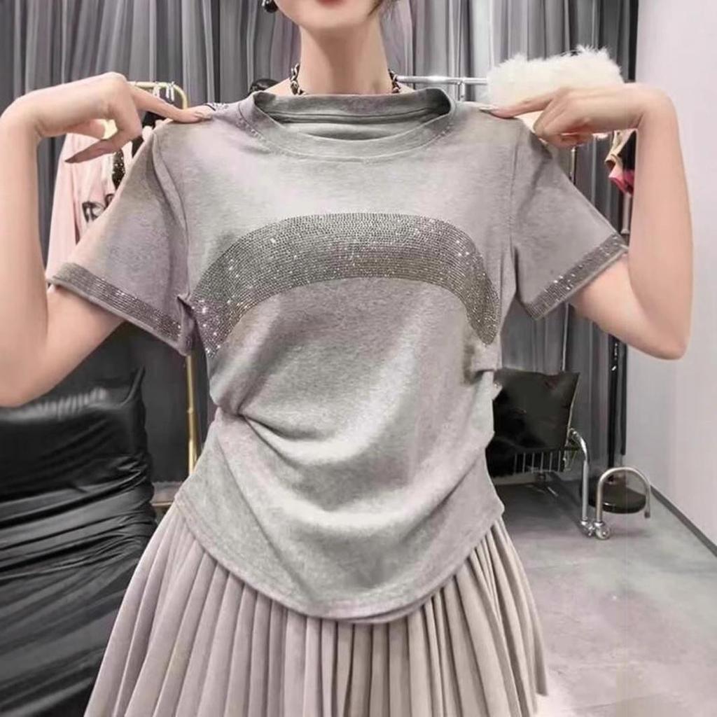 Diamond In Gray Short-sleeved T-shirt for Women In Summer Fashionable and Stylish Pure Cotton Top
