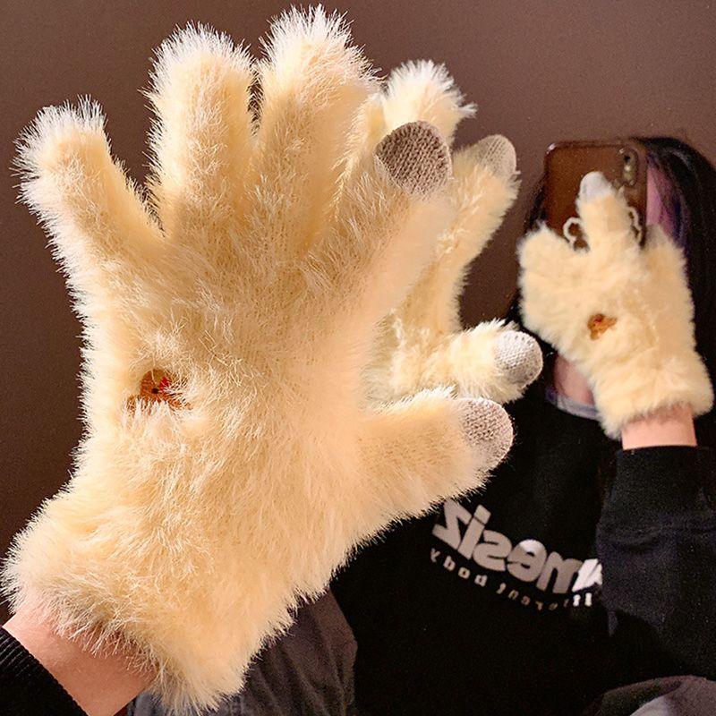 

Милые желтые вязаные плюшевые перчатки с пятью пальцами для сенсорного экрана женские зимние 2024 новые утепленные флисовой подкладкой для велоспорта теплые Yellow Bear five-finger gloves One size