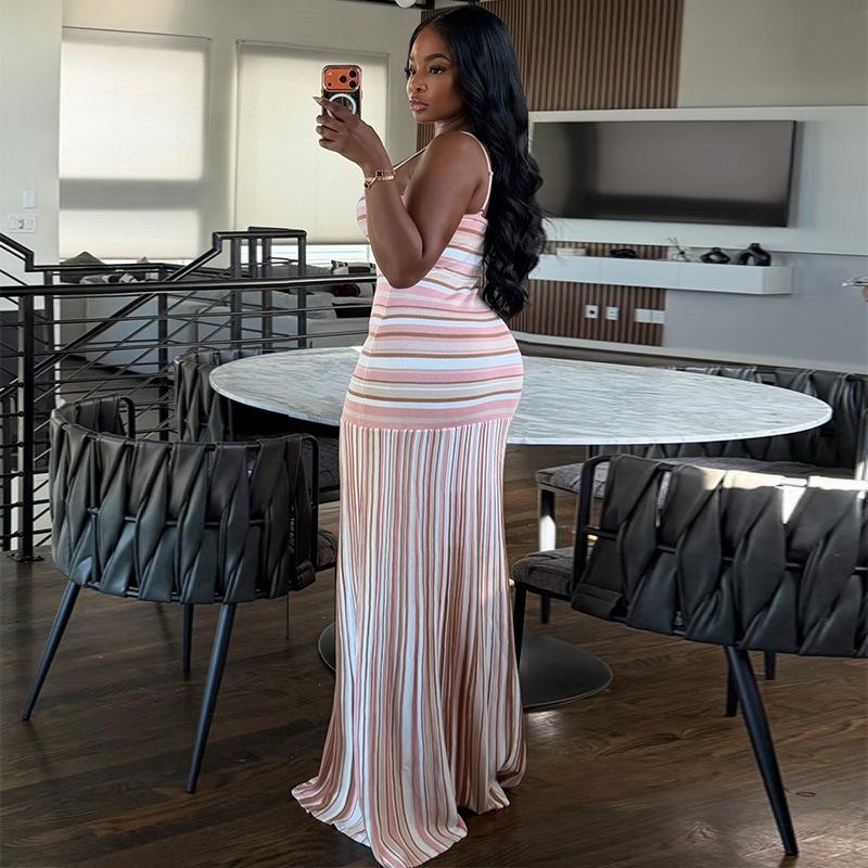 Women Summer Striped Spaghetti Strap Maxi Dress Backless High Waist Slim Fit Pleated Flared Hem Elegant Casual Vacation Bodycon Floor Length Sundress