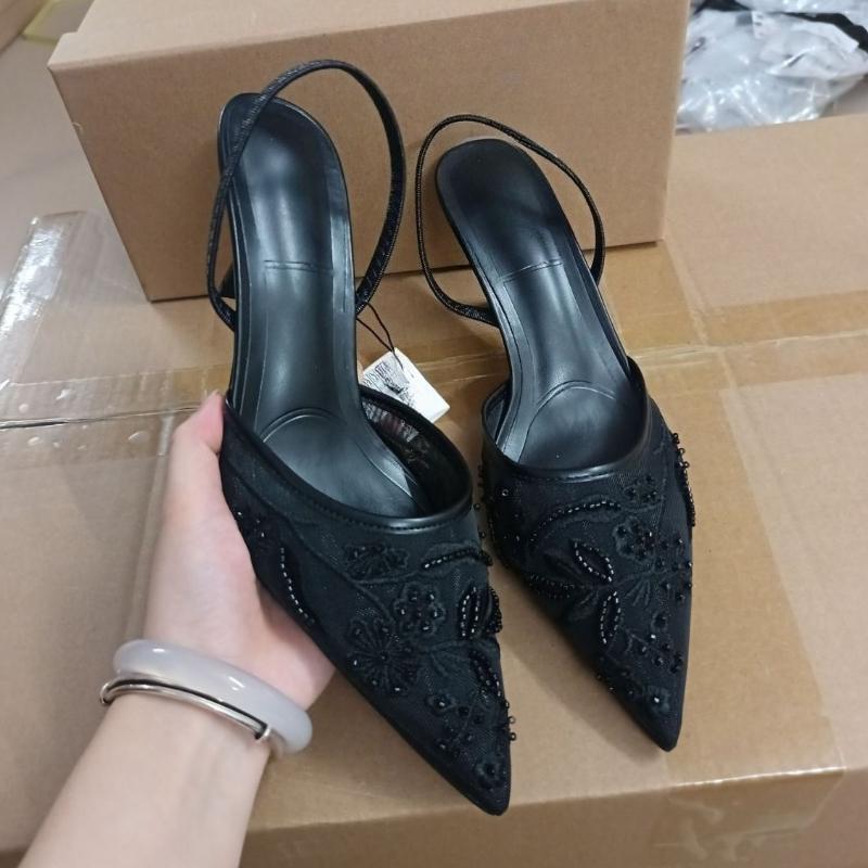 Fashion Brand Designer High Heels Women Wedding Shoes Pearl Embroider Flower Mesh Back Strap Summer Slingbacks Elegant Ladies Sandals