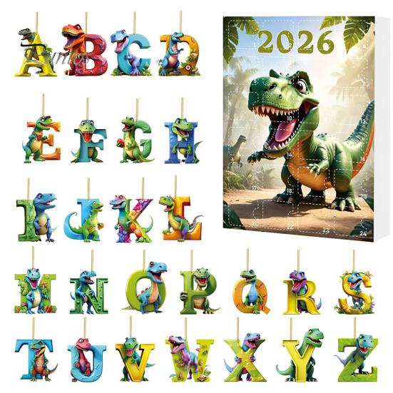Englischer Aufklärungs Lernwerkzeug 26 Buchstaben Cartoon Dinosaurier Adventskalender, 2D Acryl Dino Figuren Nicht Wiederholende Buchstaben Ornamente Weihnachten