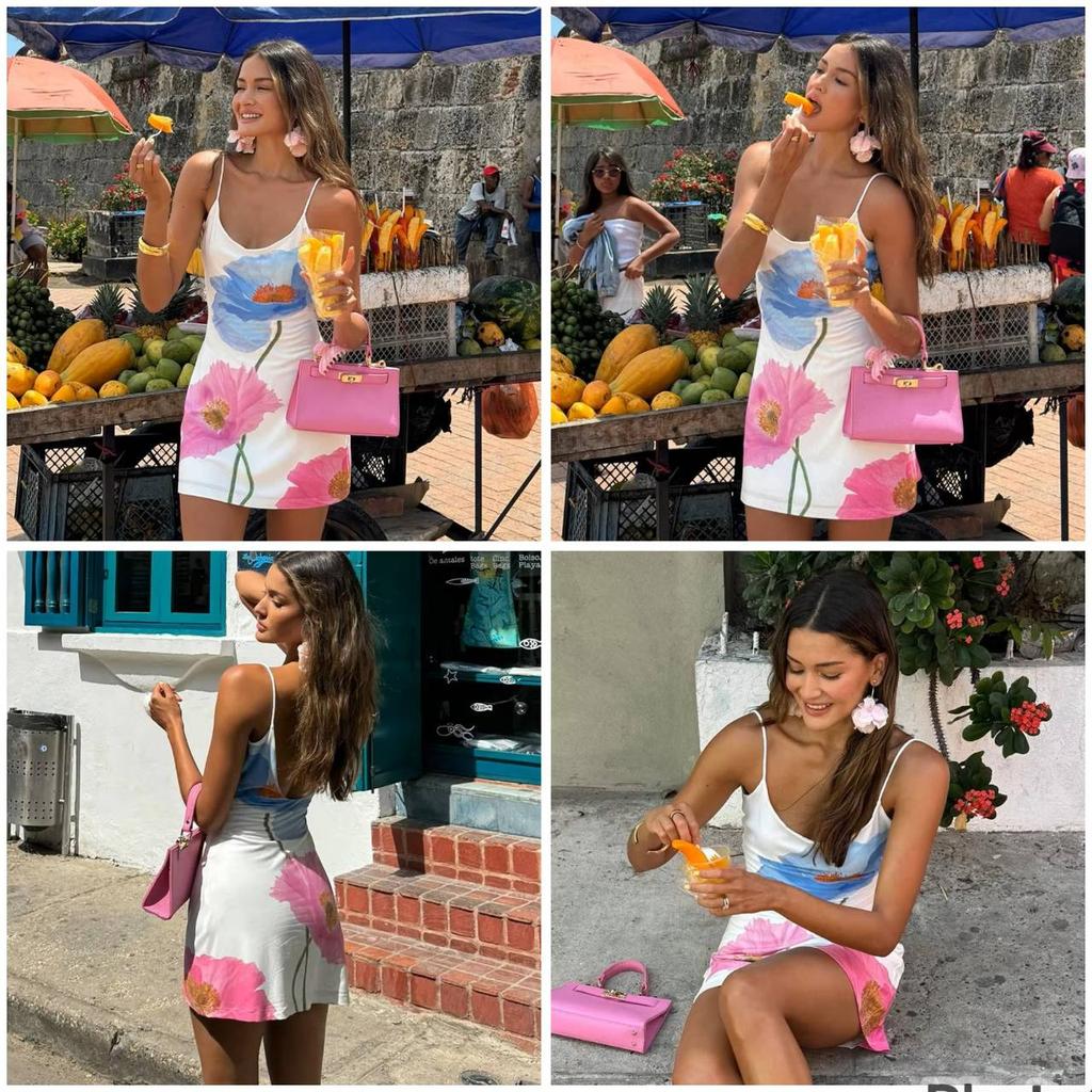 Sexy Mini Dress Women Summer Streetwear Print Sleeveless Spaghetti Strap Backless Casual Slim Elegant Pullover