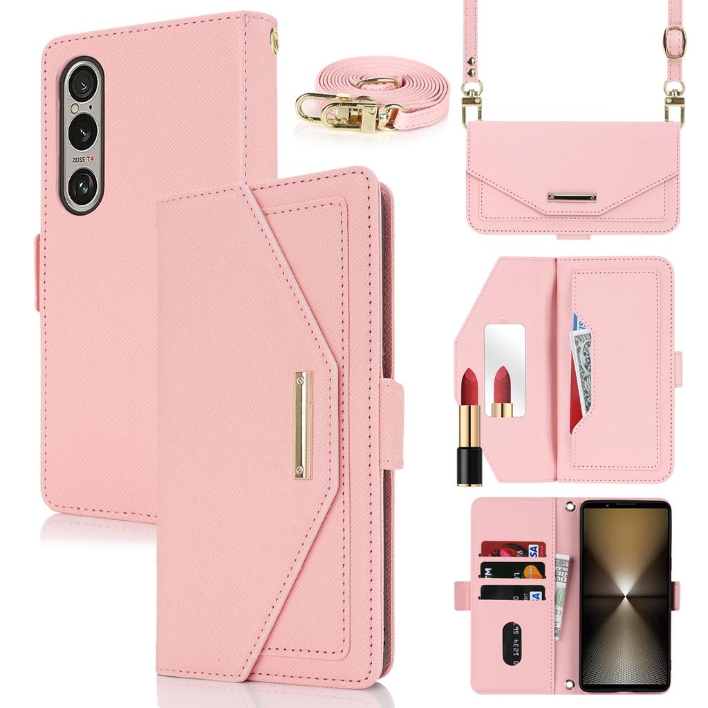 For Sony Xperia 1 VI Stand Case Cross Texture PU Leather Wallet Phone Cover with Shoulder Strap/Makeup Mirror