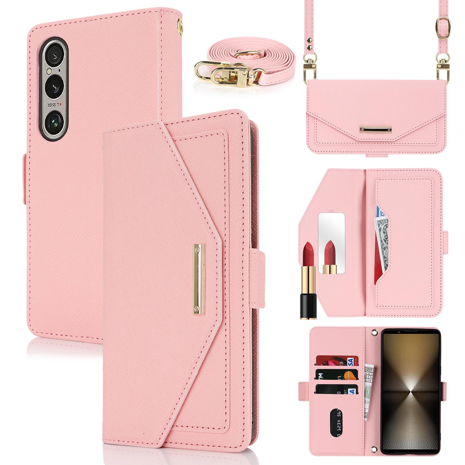 

For Sony Xperia 1 VI Stand Case Cross Texture PU Leather Wallet Phone Cover with Shoulder Strap/Makeup Mirror Pink